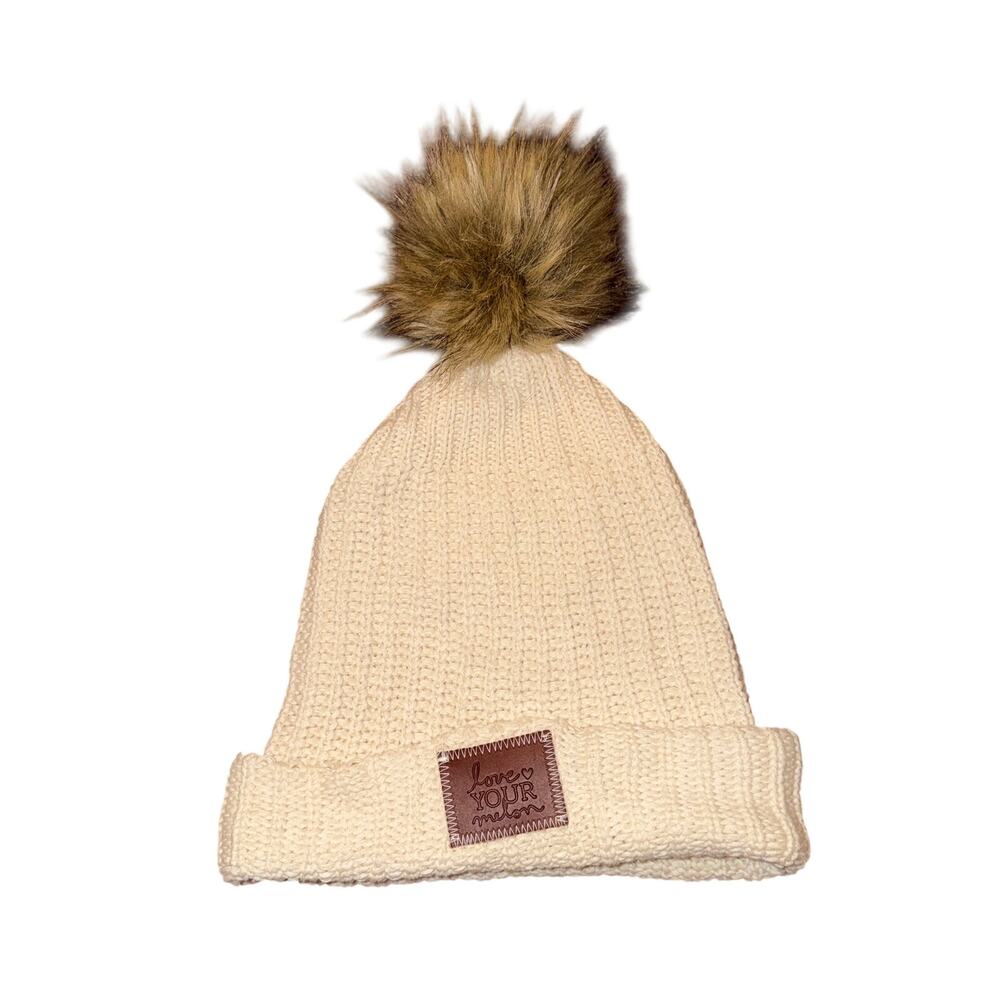 Love Your Melon Pom Beanie Women's One Size Cream Ribbed Knit Fold Cuff Faux Fur